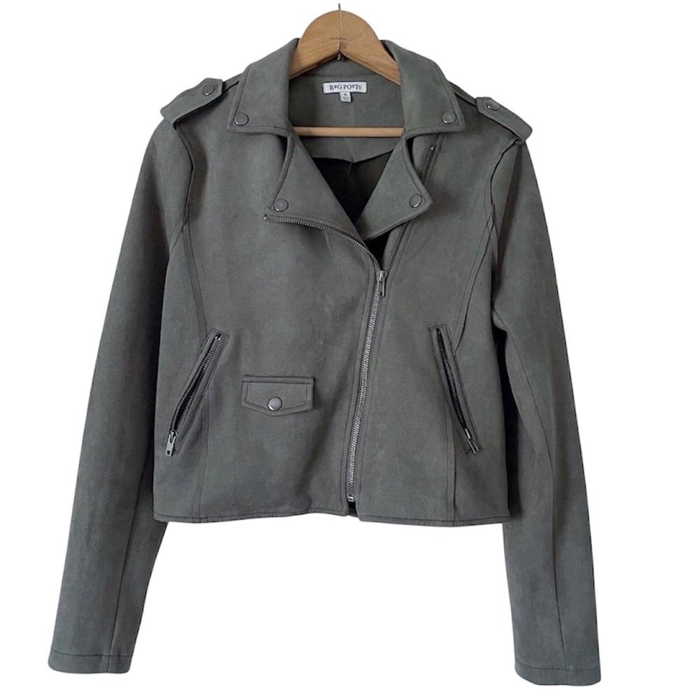 Rag Poets Faux Suede Crop Moto Jacket Small Sage Green Biker Zip Asymmetric Edgy